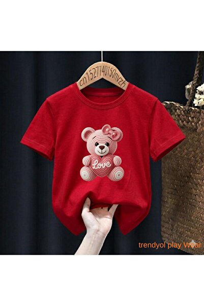 playwear Πλεκτό μπλουζάκι με στάμπα Pink Bear Love, 100% παιδικό unisex μπλου...