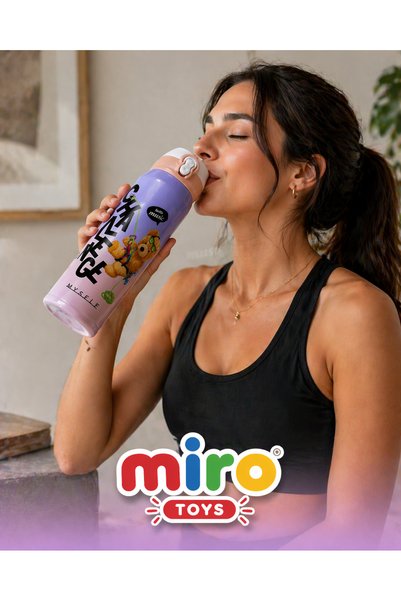 Miro Toys قارورة ماء للأطفال من الفولاذ المقاوم للصدأ سعة 500 مل، قارورة مفرغة من الهواء، غطاء مانع للتسرب، حامل للمشروبات الساخنة والباردة، نمط دب، لون وردي أرجواني - زجاجة ماء أرجوانية