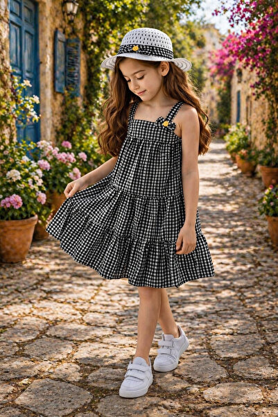 SANTRALBEBE Κοριτσίστικο καρό ψάθινο καπέλο και φόρεμα