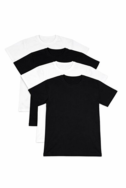 Erkek 4'lü Paket Beyaz-Siyah Slim Fit Dar Kesim %100 Pamuk Bisiklet Yaka Tişört
