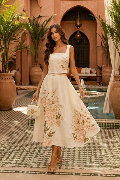 S&A Collectionn Γυναικεία μπλούζα με τετράγωνο γιακά και φούστα, λινό σετ με ...