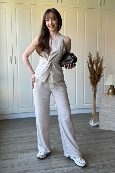 Dilay Gökoğlu Butik Λινό Σετ Παντελόνι και Μπλούζα με Λεπτομέρεια Κόμπου στο ...