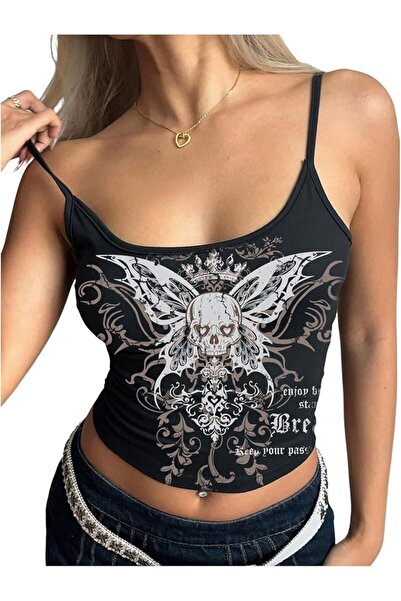 Köstebek Siyah Gotik Skull Butterfly Wings Y2K Askılı Crop Bluz