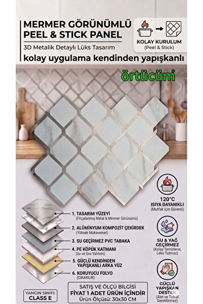 Örtücüm Mermer Görünümlü 3D Metalik Detaylı Kendinden Yapışkanlı Isıya Dayanı...
