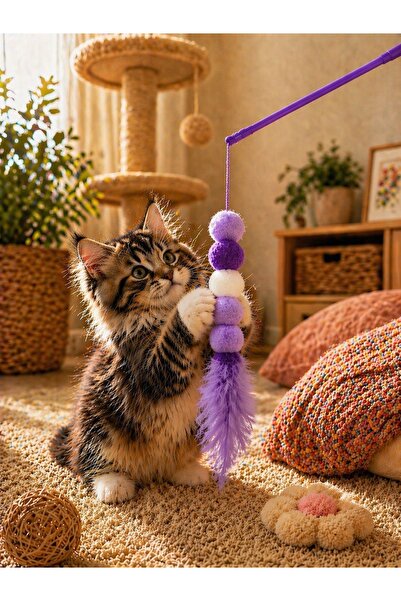 HAYHAYPETSHOP Kedi Oltası Oyuncağı Tüylü Ponponlu Renkli Kedi Oyuncağı Soluca...