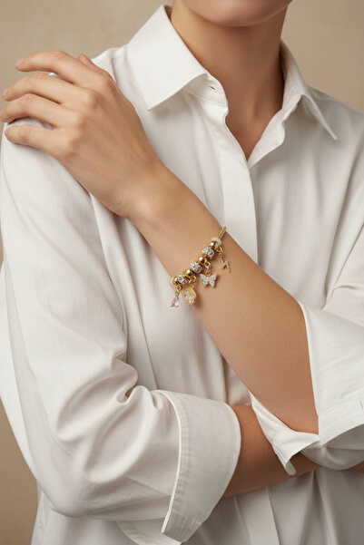 BHR AKSESUAR Gold Color Zircon Stone Butterfly Figured Charm Bracelet