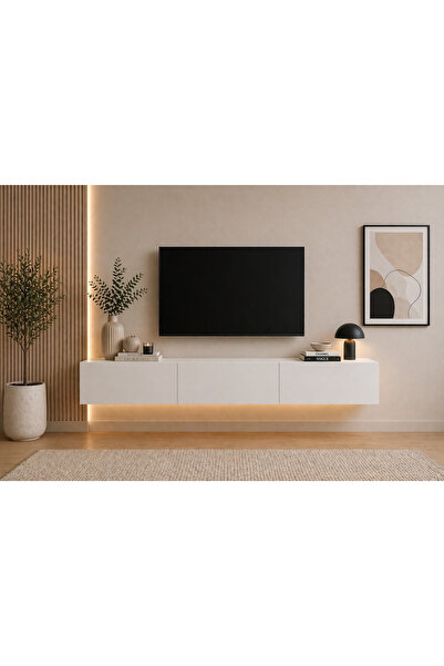 PAZARACTİVE Liva TV Ünitesi TV Sehpası 180 CM Beyaz Televizyon Ünitesi Düşer ...