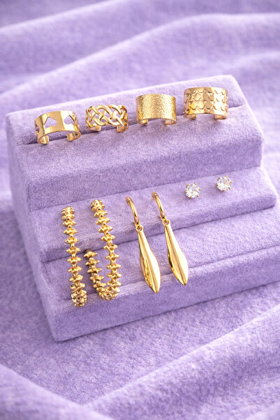Sylvera Shop Feather Earcuff ve Halka Küpe Seti - Kombin Set (Gold Renk)