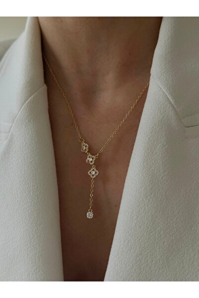 ANKA JEWELLRY ZİRKON TAŞLI YONCA ÇİÇEK DETAYLI SALLANTILI ÇELİK GOLD KADIN KOLYE