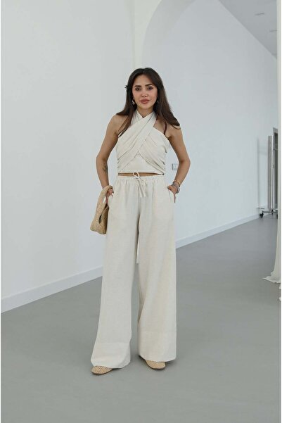 Havoş Μπεζ λινό σετ με δέσιμο στο λαιμό Sims