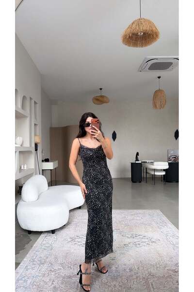 Buket Teke Φόρεμα με τιράντες από μαύρο τούλι Leopard Degaje