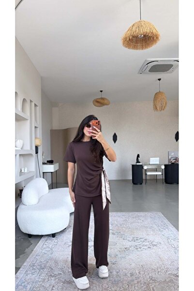 Buket Teke Καφέ Σατέν Σετ με Λεπτομέρεια Φουλαριού από Σατέν