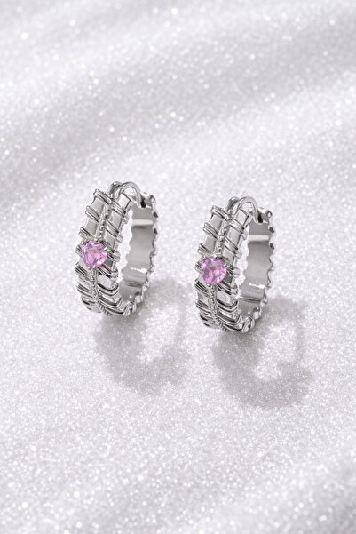 Sylvera Shop Vintage Hoop Earrings with Heart Stone Detail (Silver Color)