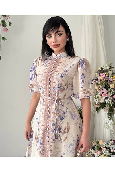 Dilek Vardar Μπεζ γυναικείο φόρεμα με γιακά, φλοράλ σχέδιο, μανίκια μπαλόνι, ...