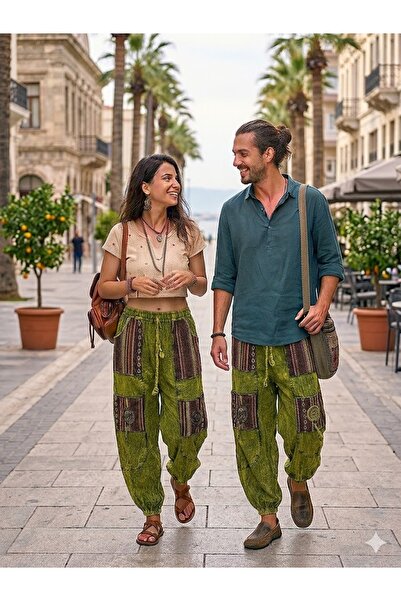 AYASOFYA OTANTIK Unisex Νεπάλ Χακί Πράσινο Αυθεντικό Εθνικό Παντελόνι με Ελασ...