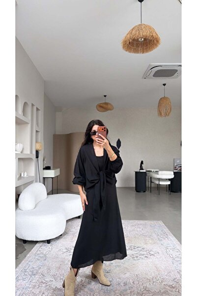 Buket Teke Μαύρο λινό φόρεμα με μπολερό