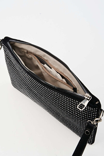 Vivaq Kadın Sıralı Gümüş Taşlı Süet Bilek Askılı Ve Zincir Askılı Portföy El Ve Clutch Çanta