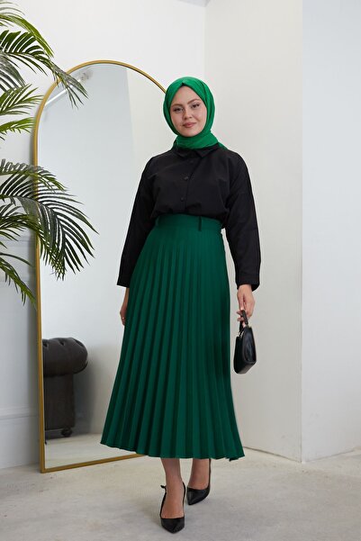 Naknaku Women's Soley Pleated Detailed Summer Long Hijab Skirt - Emerald Green