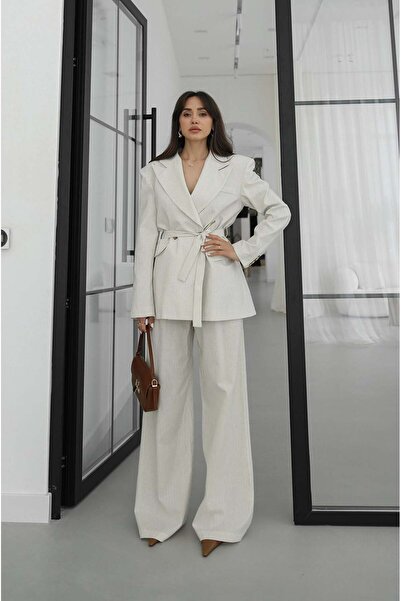 Havoş Μπεζ Σετ Λινό Παντελόνι και Μπουφάν Larry με Ρίγες