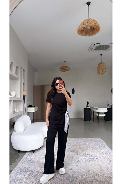 Buket Teke Μαύρο Σατέν Σετ Μοντάλ με Λεπτομέρεια Φουλάρι στο Πλάι