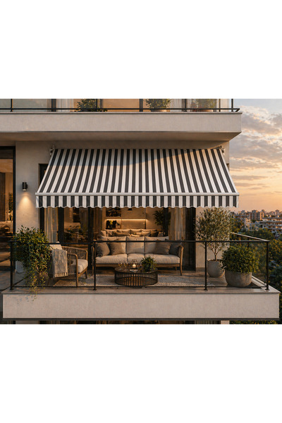 stratecht Balkon ve Bahçe Tentesi 300x200 cm Ayarlanabilir Gri Beyaz Çizgili ...