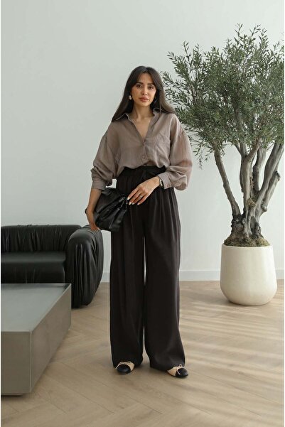 Havoş Καφέ ντραπέ παντελόνι με ελαστική μέση και λάστιχο στη μέση