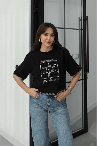 Havoş Μαύρο μπλουζάκι Inspiree Par La Mer με γραφή