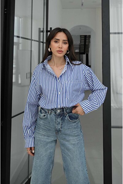 Havoş Σκούρο μπλε ριγέ πουκάμισο με μία τσέπη