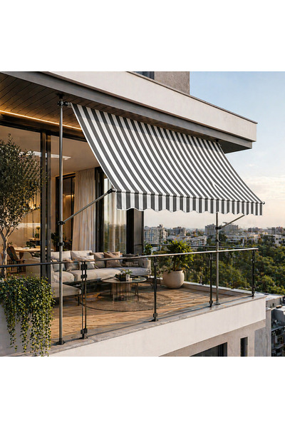 stratecht Teleskopik Balkon Tentesi 300x130 cm Ayarlanabilir Gri Beyaz Çizgil...