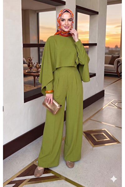 Moda Ulu Kadın Tesettür Alt Üst İkili Takım Pelerin Detaylı Tunik Pantolon Şı...