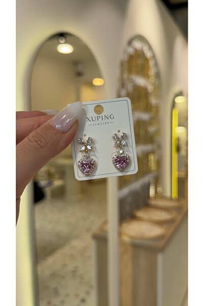 SU PERİSİ TAKI BİJUTERİ XUPİNG KARARMAZ 14K GOLD PEMBE ZİRKON TAŞLI KALP KÜPE