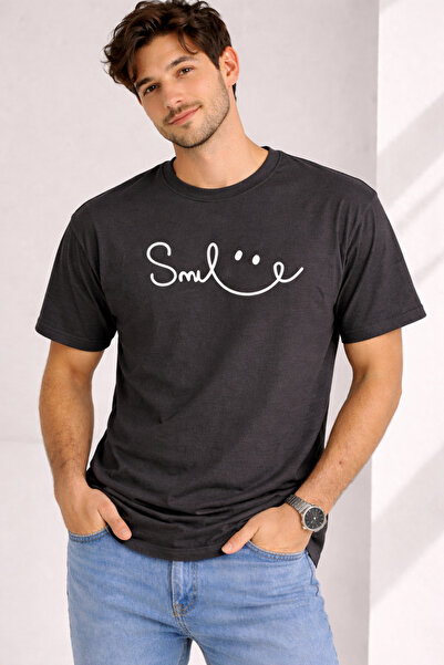 NEVERMIND Unisex Tişört Smile Baskılı Basic Oversize Günlük Rahat %100 Füme