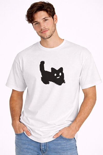 NEVERMIND Unisex Oversize Tişört Kedi Baskılı Minimal Tasarım %100 Pamuk Beyaz