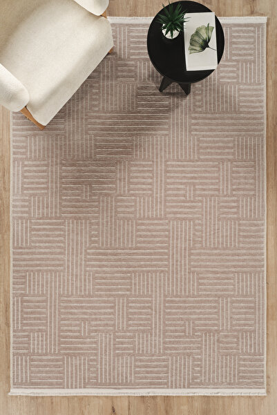 CEYLAN TEKSTİL Modern Şönil Kilim Vizon Renk New Desenli Kaymaz Taban Yıkanab...