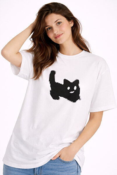 Ciel Lune Tricou oversize unisex cu imprimeu pisică, design minimalist, 100% ...