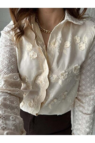 Lavanta Tekstil Λινό πουκάμισο με λεπτομέρεια γιακά μωρού και τρισδιάστατο σχ...