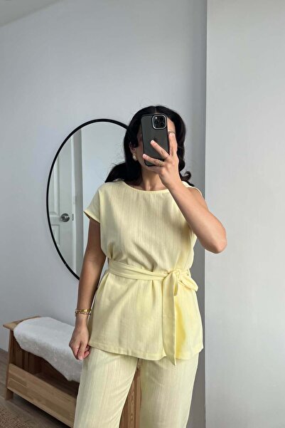 butikhola Yellow shoulder ruffle linen blouse set