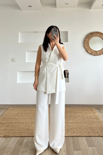 butikhola White Waist Belted Vest Trousers Set