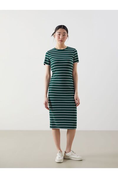 LC Waikiki Lcwaikiki Classic Green Crew Neck Striped Dress