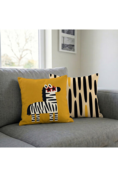 Hayal Dekoratif Modern Geometrik Zebra Desen Sarı Zeminli Enerjik ve Yaz Temalı Dijital Baskılı 4'lü Kırlent Kılıfı