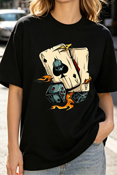 Fleck Womens T Shirts Poker Cards And Dice Flame Design Casual Streetwear Style