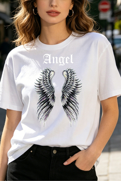 Fleck Womens T Shirts Angel Wings Graphic Print Casual Loose Fit Fashion Top