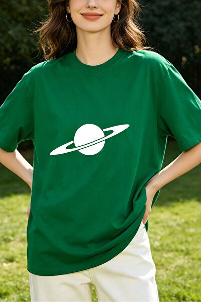 Fleck تي شيرت نسائي بتصميم كوكب زحل، مقاس كبير، بأسلوب كاجوال