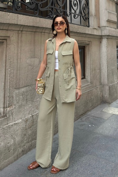 BEJNA Γυναικείο Μακρύ Γιλέκο Παντελόνι Λινό με Υφή, Σετ Παντελόνι και Μπλούζα