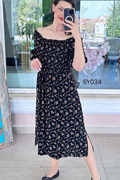 İnce Topuk Φόρεμα Μαντόνα με Γιακά και Λεπτομέρειες από Βισκόζη 6y034