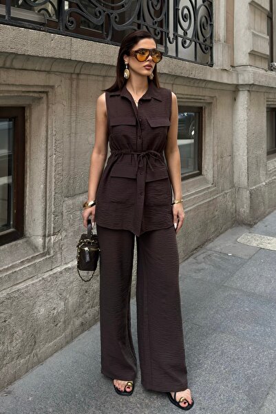 BEJNA Γυναικείο Μακρύ Γιλέκο Παντελόνι Λινό με Υφή Σετ Πάνω-Κάτω Μέρος