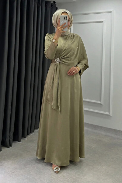 Abiye Diyarı Βραδινό φόρεμα τεστιτουρ με ύφασμα κρεπ και καρφίτσα από πέτρα ζ...