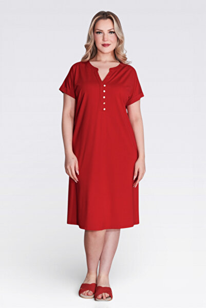 TOLGA SARAÇOĞLU 40198 Red Button Detail Low-Sleeve Relaxed Fit Knitted Dress