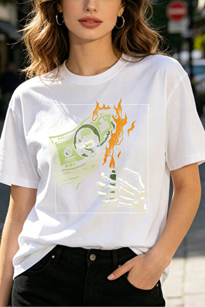 Fleck Womens T Shirts Money Burning Skeleton Graphic Streetwear Style