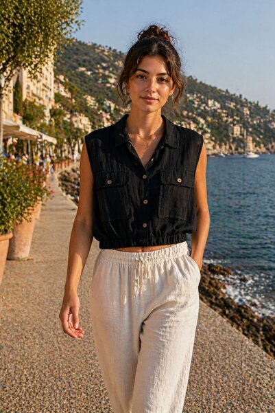 yb yağmur butik Αμάνικη μπλούζα μουσελίνας με ελαστική μέση και λεπτομέρεια τ...